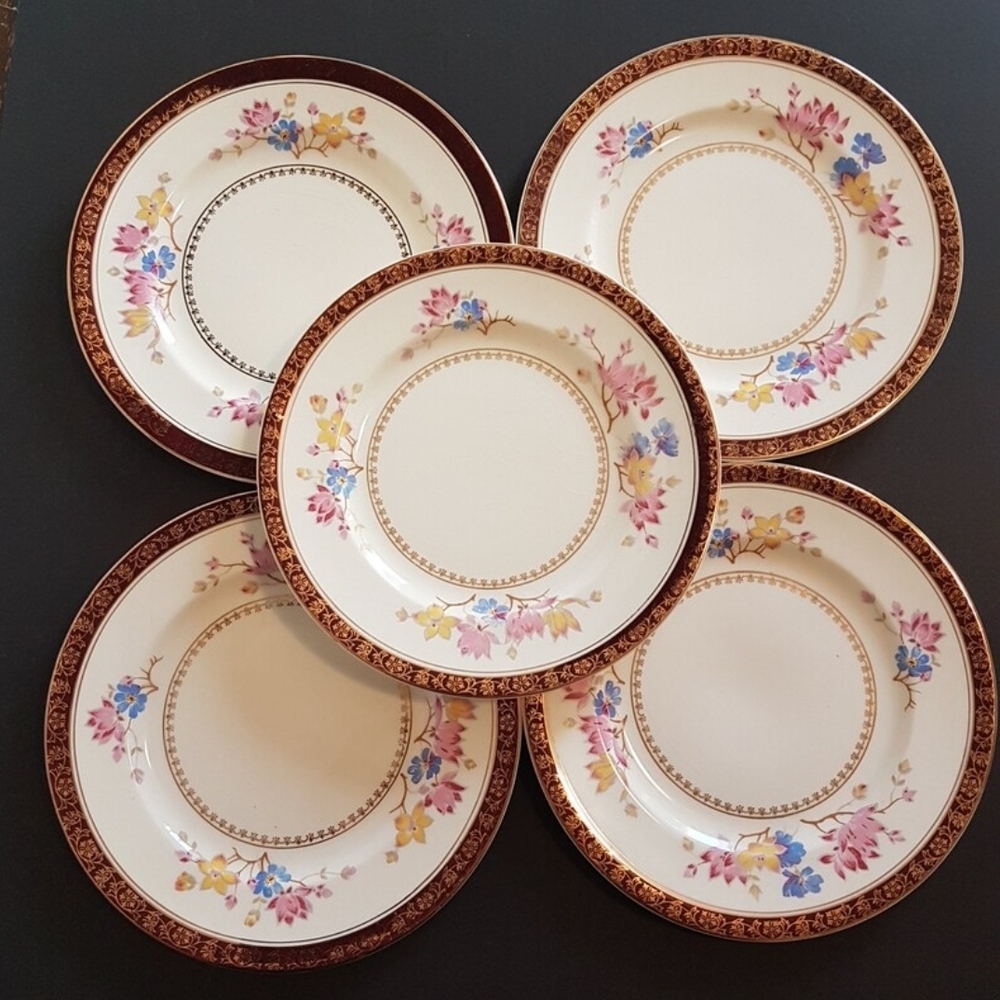 Alfred Meakin England 8" Floral Dessert Plates, Set of 5, Pattern MEA377, 1930s